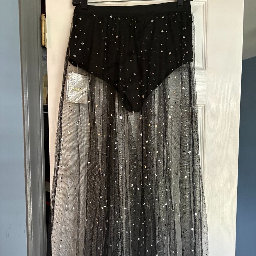 Size L Rave Outfit 2 in 1 Sheer Skirt Festival Clubwear Mesh High Waist Maxi - Picture 4 of 6